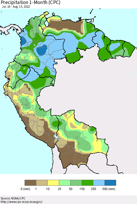 Northern South America Precipitation 1-Month (CPC) Thematic Map For 7/16/2022 - 8/15/2022
