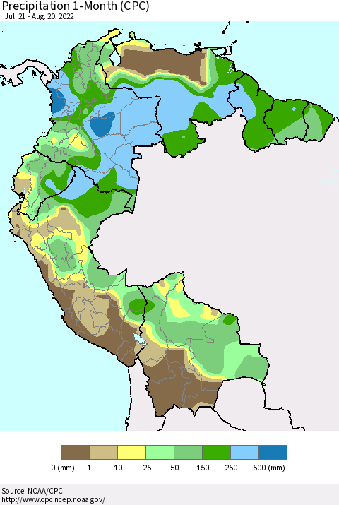 Northern South America Precipitation 1-Month (CPC) Thematic Map For 7/21/2022 - 8/20/2022
