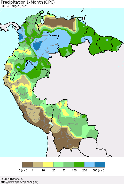 Northern South America Precipitation 1-Month (CPC) Thematic Map For 7/26/2022 - 8/25/2022