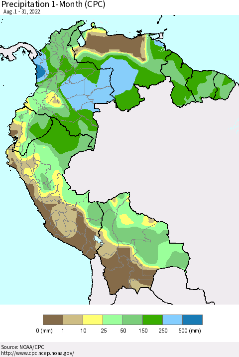 Northern South America Precipitation 1-Month (CPC) Thematic Map For 8/1/2022 - 8/31/2022