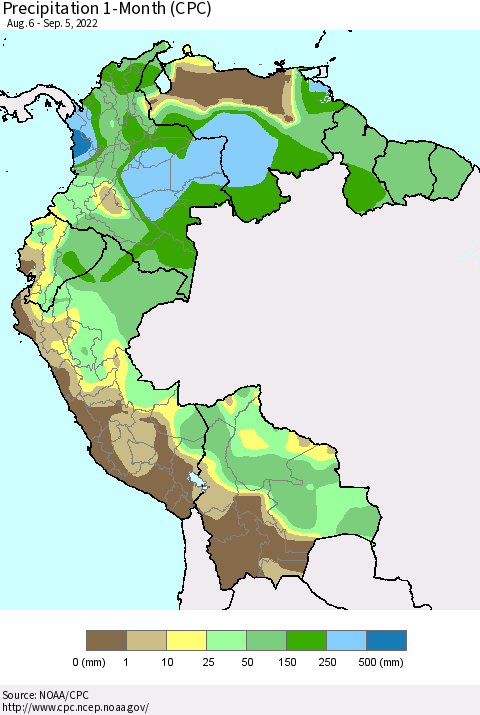 Northern South America Precipitation 1-Month (CPC) Thematic Map For 8/6/2022 - 9/5/2022