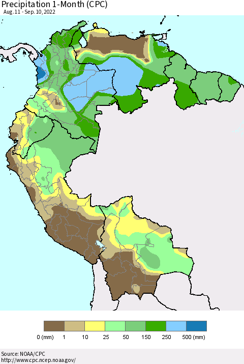 Northern South America Precipitation 1-Month (CPC) Thematic Map For 8/11/2022 - 9/10/2022