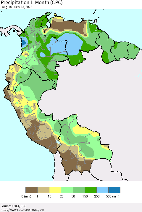 Northern South America Precipitation 1-Month (CPC) Thematic Map For 8/16/2022 - 9/15/2022