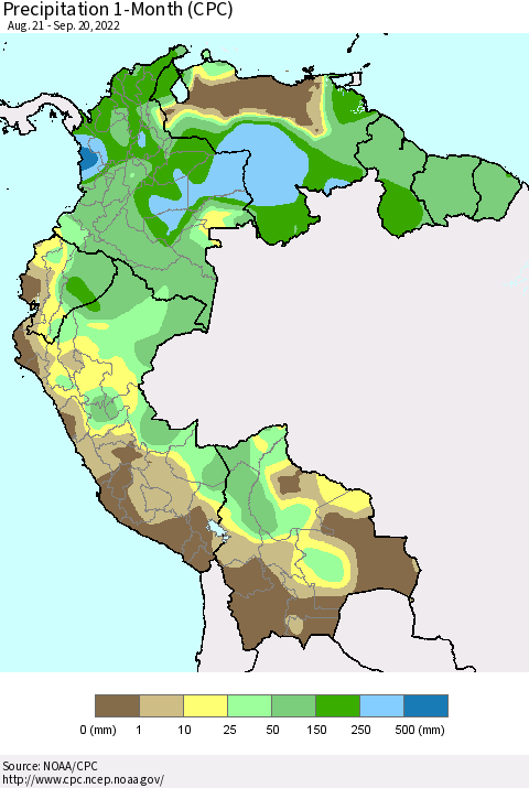 Northern South America Precipitation 1-Month (CPC) Thematic Map For 8/21/2022 - 9/20/2022