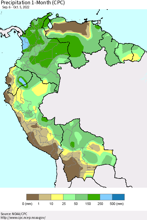 Northern South America Precipitation 1-Month (CPC) Thematic Map For 9/6/2022 - 10/5/2022