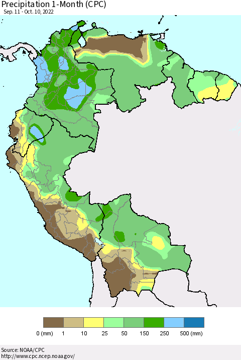 Northern South America Precipitation 1-Month (CPC) Thematic Map For 9/11/2022 - 10/10/2022