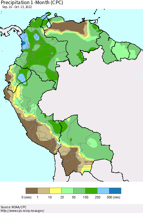 Northern South America Precipitation 1-Month (CPC) Thematic Map For 9/16/2022 - 10/15/2022
