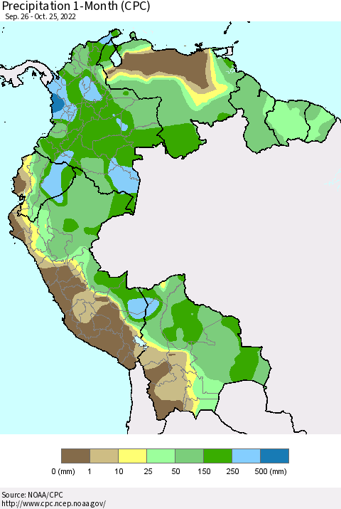 Northern South America Precipitation 1-Month (CPC) Thematic Map For 9/26/2022 - 10/25/2022