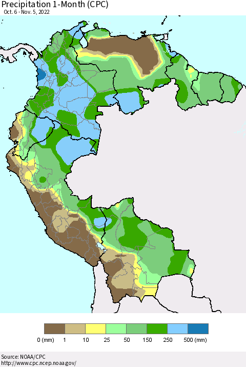Northern South America Precipitation 1-Month (CPC) Thematic Map For 10/6/2022 - 11/5/2022