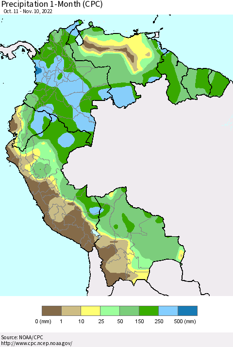 Northern South America Precipitation 1-Month (CPC) Thematic Map For 10/11/2022 - 11/10/2022