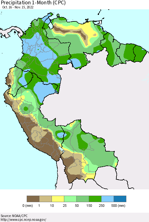 Northern South America Precipitation 1-Month (CPC) Thematic Map For 10/16/2022 - 11/15/2022