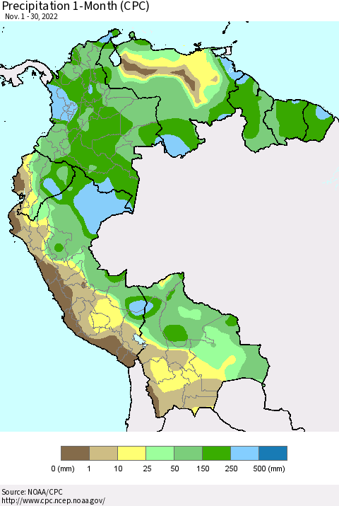 Northern South America Precipitation 1-Month (CPC) Thematic Map For 11/1/2022 - 11/30/2022