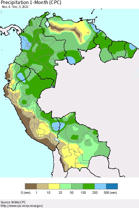 Northern South America Precipitation 1-Month (CPC) Thematic Map For 11/6/2022 - 12/5/2022