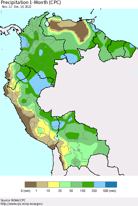 Northern South America Precipitation 1-Month (CPC) Thematic Map For 11/11/2022 - 12/10/2022