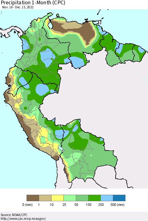 Northern South America Precipitation 1-Month (CPC) Thematic Map For 11/16/2022 - 12/15/2022