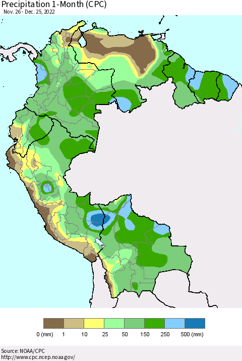 Northern South America Precipitation 1-Month (CPC) Thematic Map For 11/26/2022 - 12/25/2022