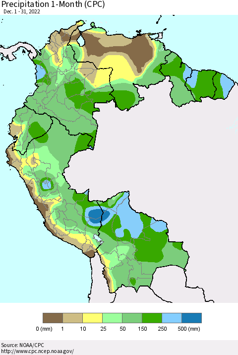 Northern South America Precipitation 1-Month (CPC) Thematic Map For 12/1/2022 - 12/31/2022