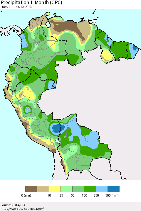 Northern South America Precipitation 1-Month (CPC) Thematic Map For 12/11/2022 - 1/10/2023
