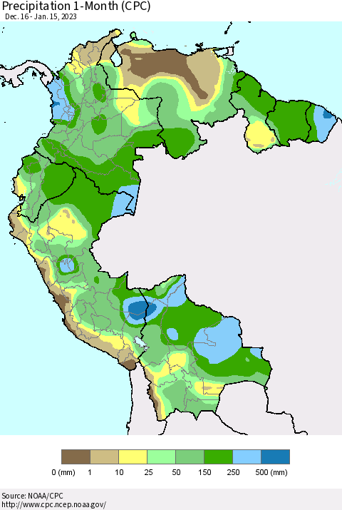 Northern South America Precipitation 1-Month (CPC) Thematic Map For 12/16/2022 - 1/15/2023