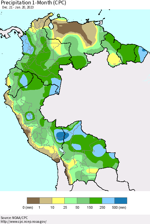 Northern South America Precipitation 1-Month (CPC) Thematic Map For 12/21/2022 - 1/20/2023