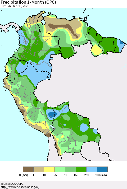 Northern South America Precipitation 1-Month (CPC) Thematic Map For 12/26/2022 - 1/25/2023