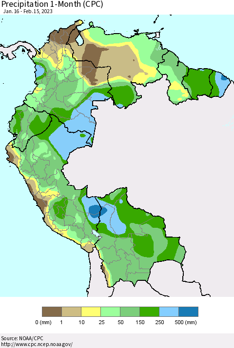 Northern South America Precipitation 1-Month (CPC) Thematic Map For 1/16/2023 - 2/15/2023