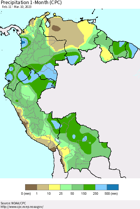Northern South America Precipitation 1-Month (CPC) Thematic Map For 2/11/2023 - 3/10/2023