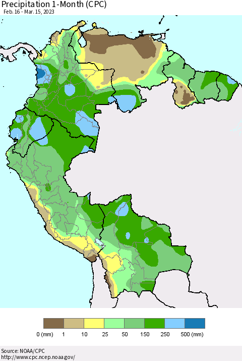 Northern South America Precipitation 1-Month (CPC) Thematic Map For 2/16/2023 - 3/15/2023
