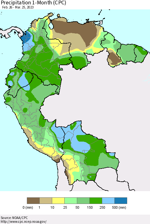 Northern South America Precipitation 1-Month (CPC) Thematic Map For 2/26/2023 - 3/25/2023