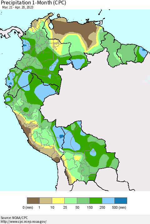 Northern South America Precipitation 1-Month (CPC) Thematic Map For 3/21/2023 - 4/20/2023