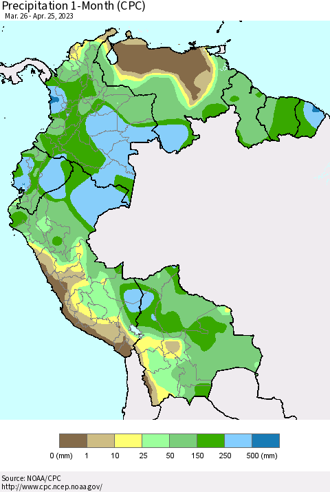 Northern South America Precipitation 1-Month (CPC) Thematic Map For 3/26/2023 - 4/25/2023