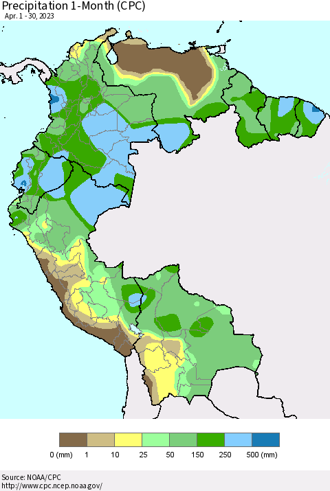 Northern South America Precipitation 1-Month (CPC) Thematic Map For 4/1/2023 - 4/30/2023