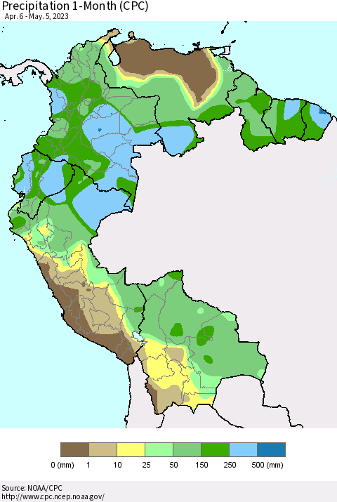 Northern South America Precipitation 1-Month (CPC) Thematic Map For 4/6/2023 - 5/5/2023