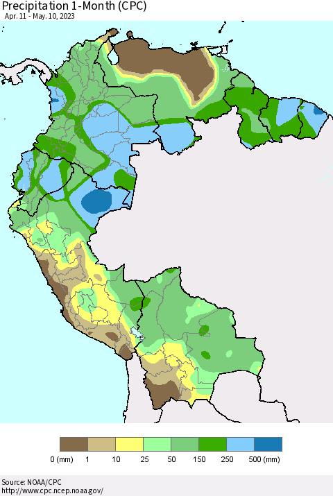 Northern South America Precipitation 1-Month (CPC) Thematic Map For 4/11/2023 - 5/10/2023