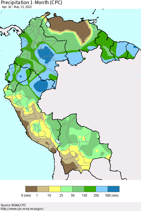 Northern South America Precipitation 1-Month (CPC) Thematic Map For 4/16/2023 - 5/15/2023