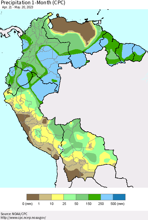 Northern South America Precipitation 1-Month (CPC) Thematic Map For 4/21/2023 - 5/20/2023