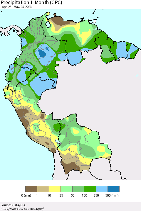 Northern South America Precipitation 1-Month (CPC) Thematic Map For 4/26/2023 - 5/25/2023