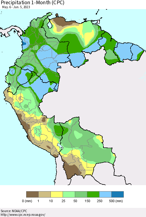 Northern South America Precipitation 1-Month (CPC) Thematic Map For 5/6/2023 - 6/5/2023