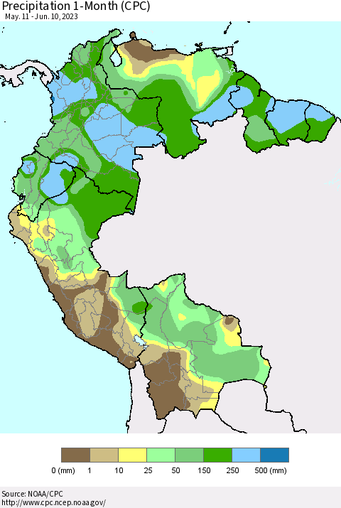 Northern South America Precipitation 1-Month (CPC) Thematic Map For 5/11/2023 - 6/10/2023