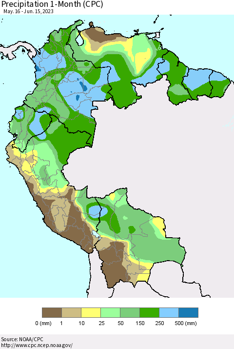 Northern South America Precipitation 1-Month (CPC) Thematic Map For 5/16/2023 - 6/15/2023