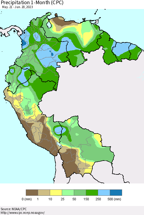 Northern South America Precipitation 1-Month (CPC) Thematic Map For 5/21/2023 - 6/20/2023