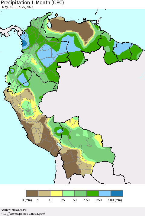 Northern South America Precipitation 1-Month (CPC) Thematic Map For 5/26/2023 - 6/25/2023