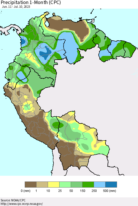 Northern South America Precipitation 1-Month (CPC) Thematic Map For 6/11/2023 - 7/10/2023