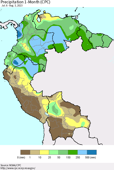 Northern South America Precipitation 1-Month (CPC) Thematic Map For 7/6/2023 - 8/5/2023