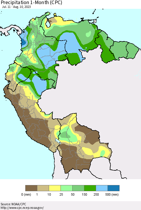 Northern South America Precipitation 1-Month (CPC) Thematic Map For 7/11/2023 - 8/10/2023