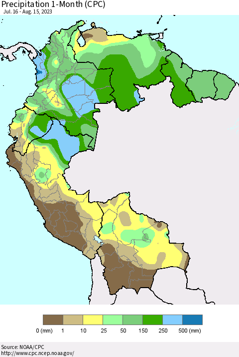 Northern South America Precipitation 1-Month (CPC) Thematic Map For 7/16/2023 - 8/15/2023