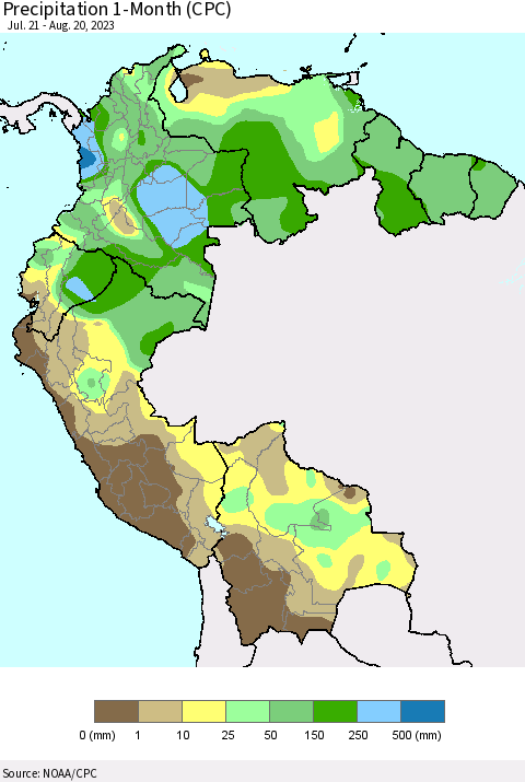 Northern South America Precipitation 1-Month (CPC) Thematic Map For 7/21/2023 - 8/20/2023