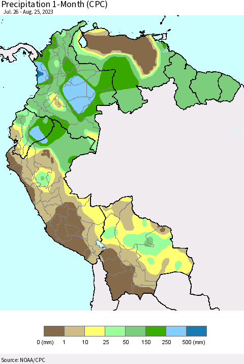 Northern South America Precipitation 1-Month (CPC) Thematic Map For 7/26/2023 - 8/25/2023