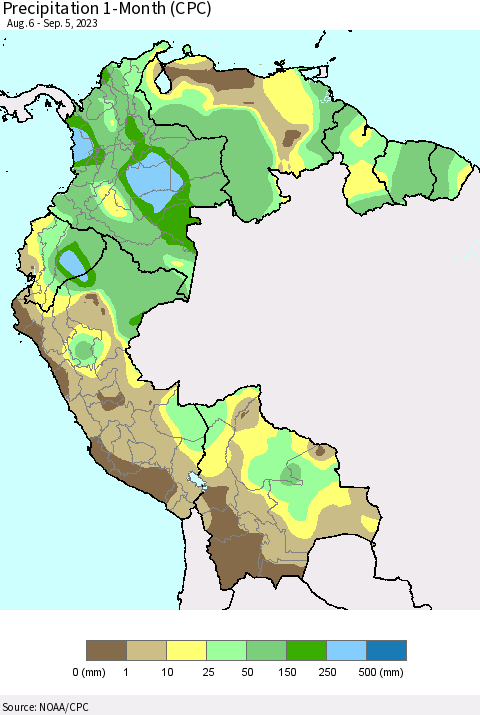 Northern South America Precipitation 1-Month (CPC) Thematic Map For 8/6/2023 - 9/5/2023
