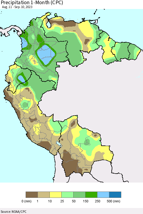 Northern South America Precipitation 1-Month (CPC) Thematic Map For 8/11/2023 - 9/10/2023